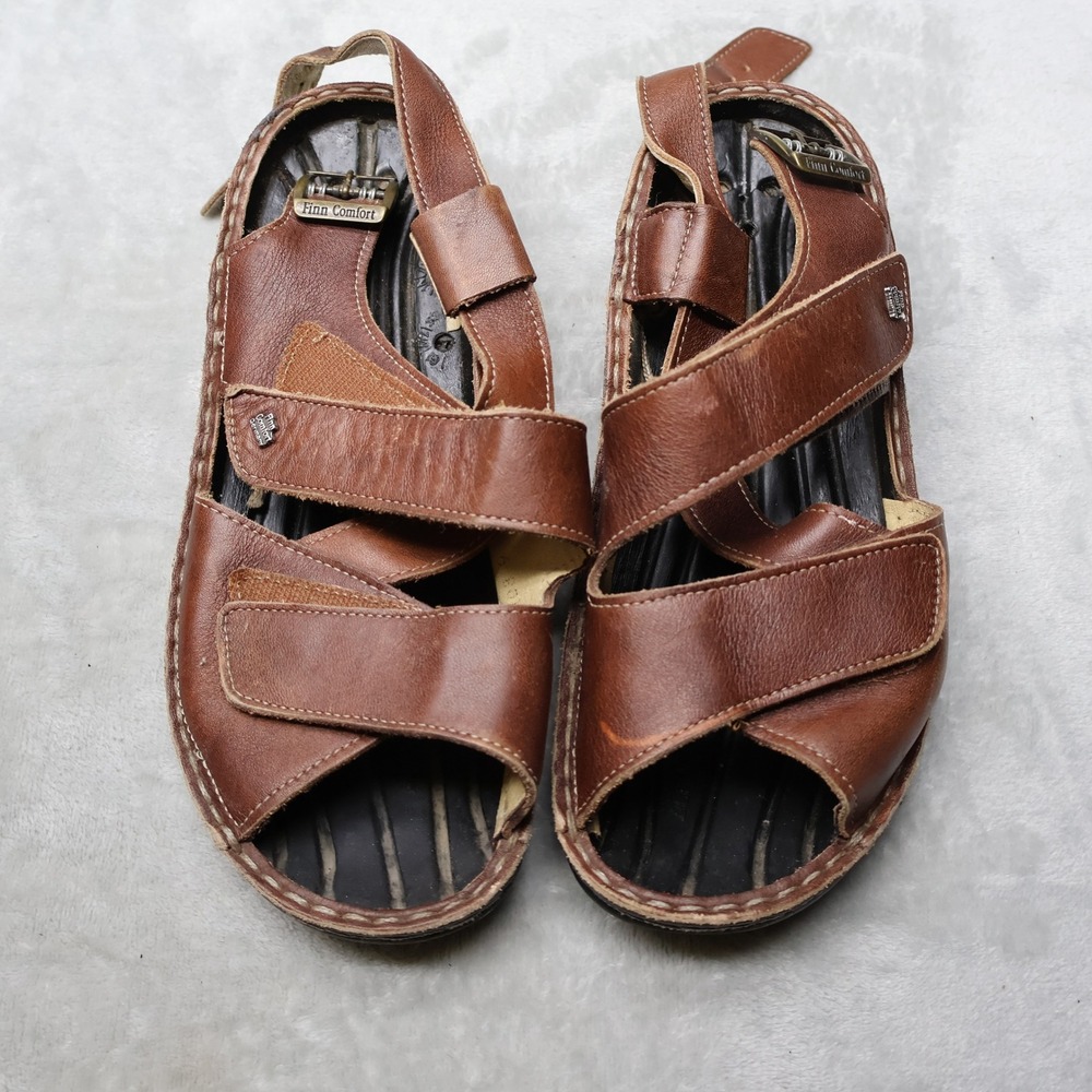 Finn Comfort Sandals Women 37 7 Brown Leather Triple Strap Comfort Walk Germany